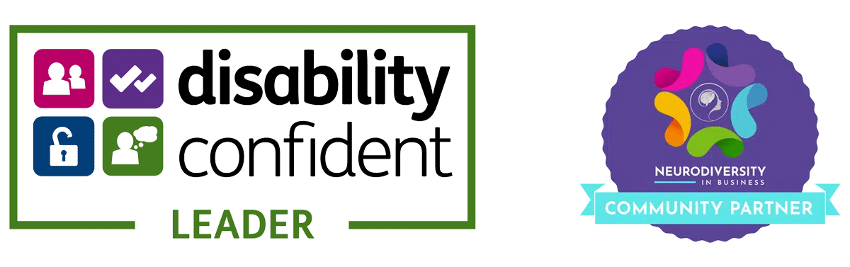 Logos for the Disability Confident Leader scheme, and the Neurodiversity In Business Community Partner scheme.
