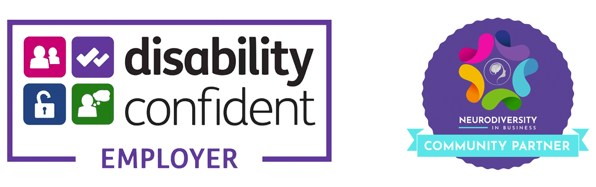 Logos for the Disability Confident Employer scheme, and the Neurodiversity In Business Community Partner scheme.