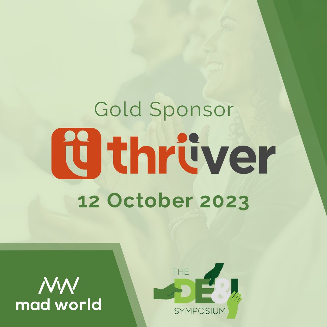 A promotional image for the event MAD World, showing Thriiver as the Gold Sponsor for the event. The image shows text and a logo, overlaying smiling people in the background.