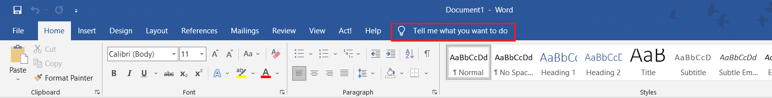 screenshot of microsoft word document toolbar highlighting the tell me feature