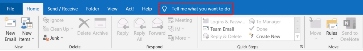 Screenshot of microsoft outlook toolbar highlighting the tell me feature