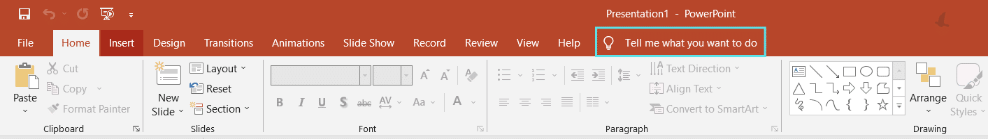 Screenshot of Microsoft Excel taskbar highlighting the tell me feature