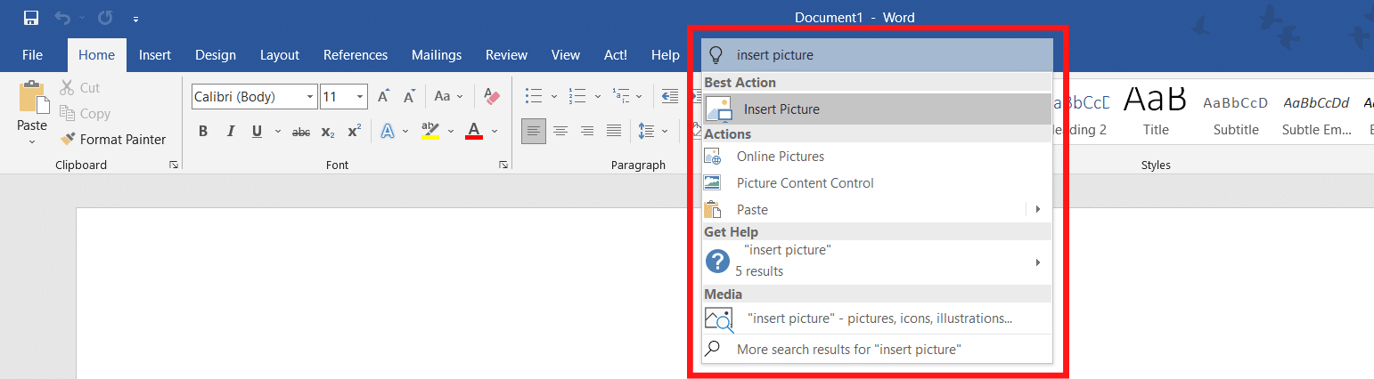 Microsoft word document showing if you type 'insert picture' into the tell me feature toolbar the search appears and the option to insert a picture listed underneath
